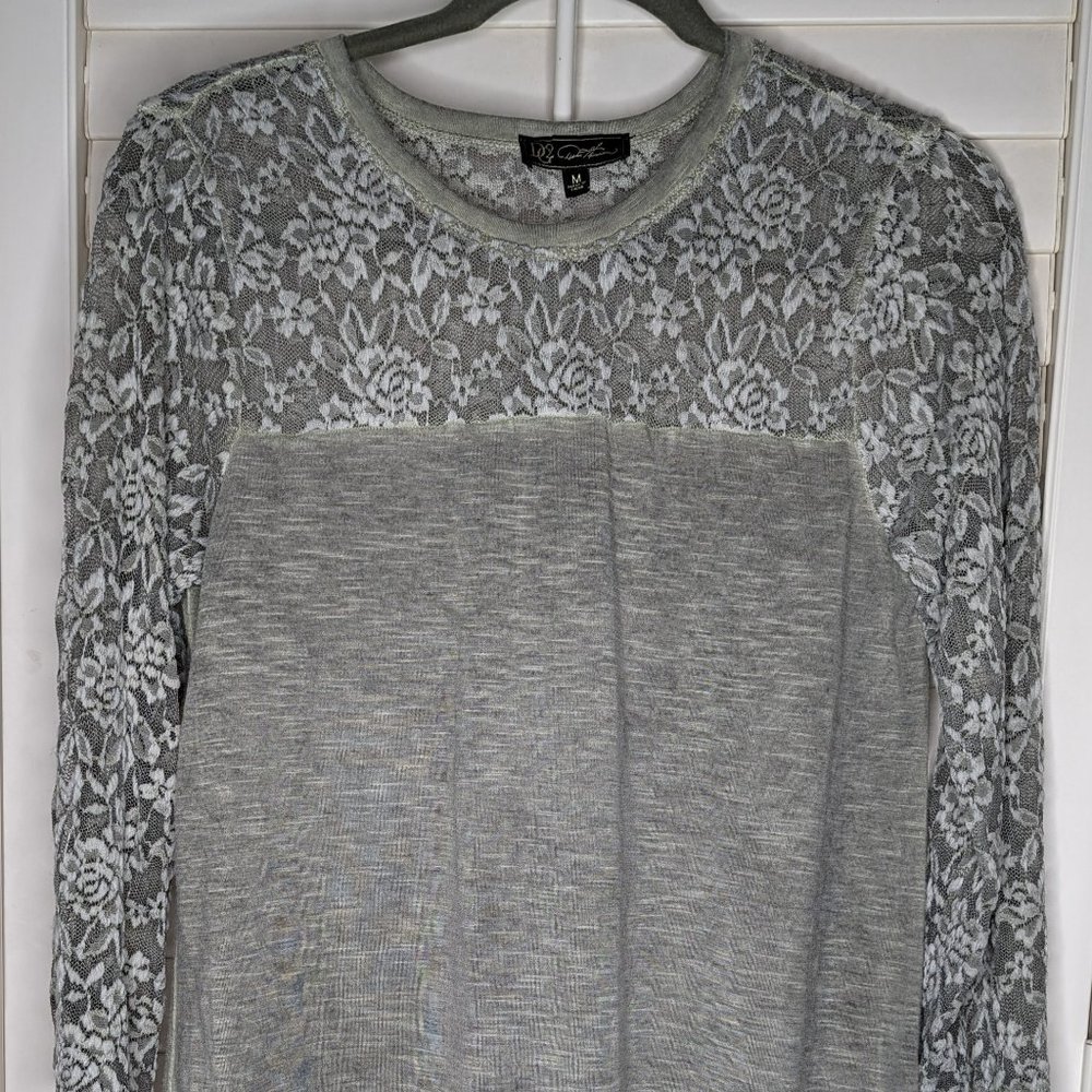 DG2 by Diane Gilman Dusty Grey Green “Space-dye” Top with Embroidered Lace
